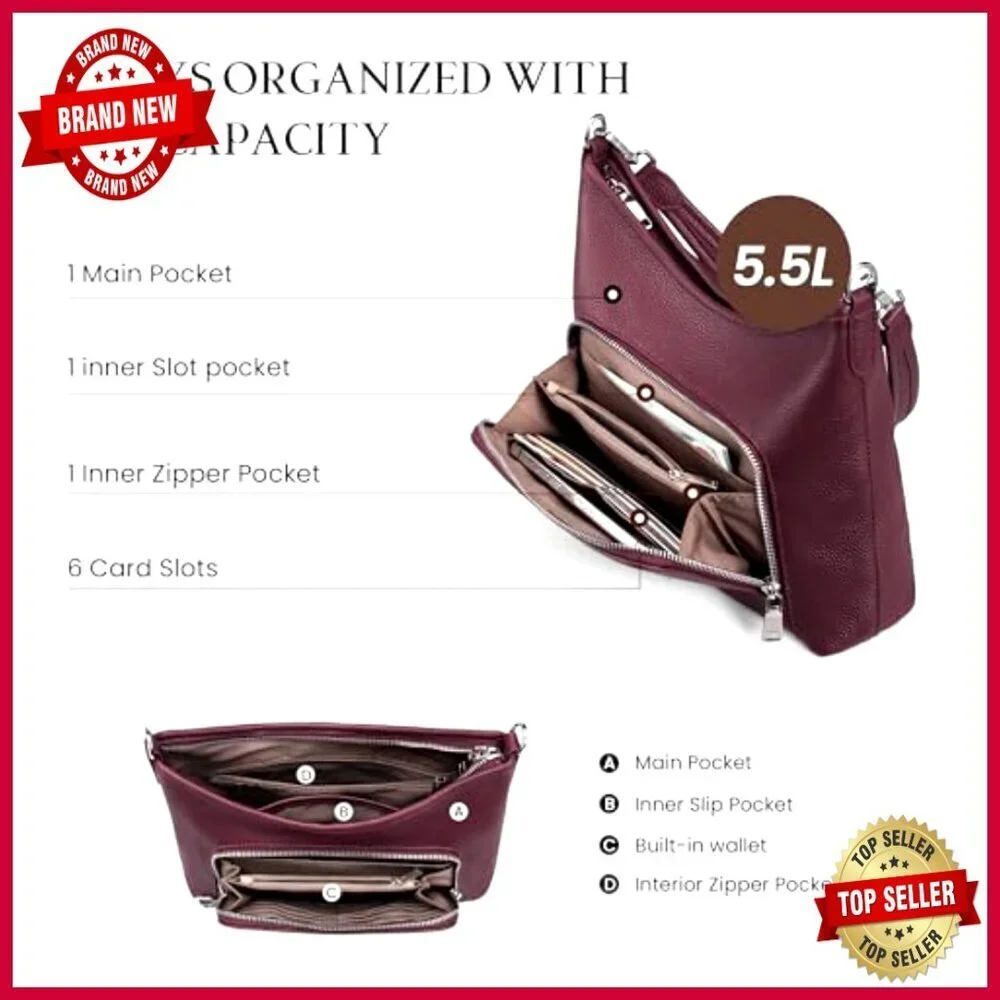 Genuine Leather Hobo Bag with RFID Wallet, Anti-Theft, Convertible Carry